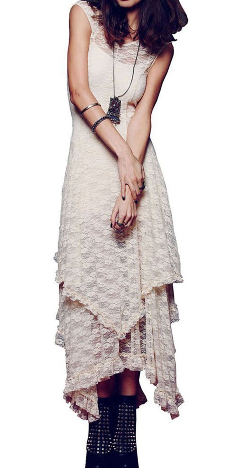 R.Vivimos Womens Sleeveless Backless Asymmetrical Layered Lace Long Dress with Slip Two Pieces (Small, Beige) - Image 1